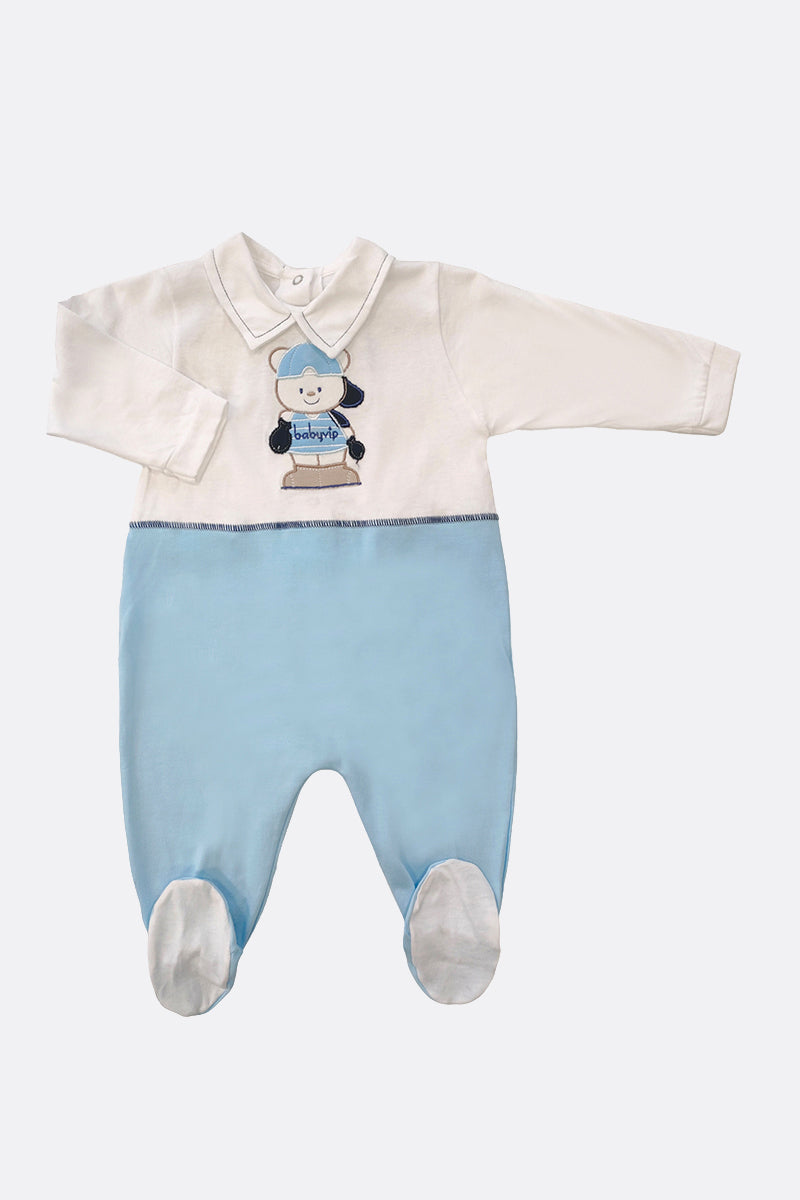 Tutina in cotone con inserto in contrasto e ricamo