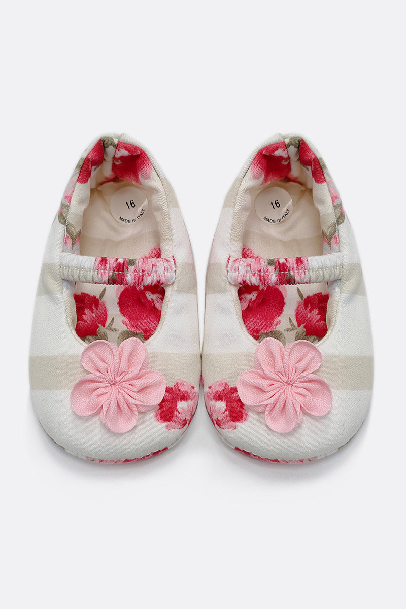 Scarpina in cotone fantasia floreale con rosa applicata