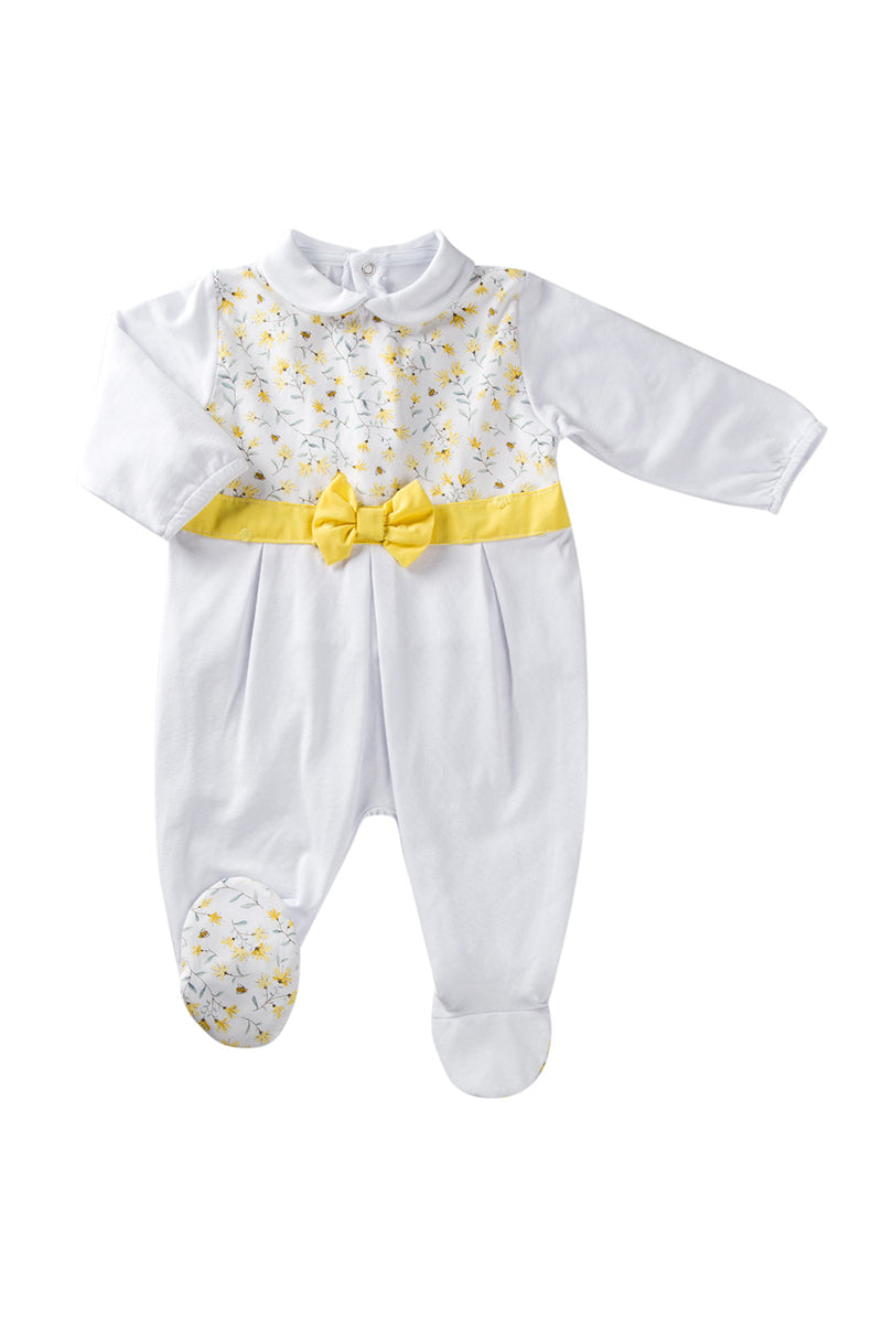 Tutina in bielastico con inserto in tela fantasia floreale . fascia e fiocco a pois