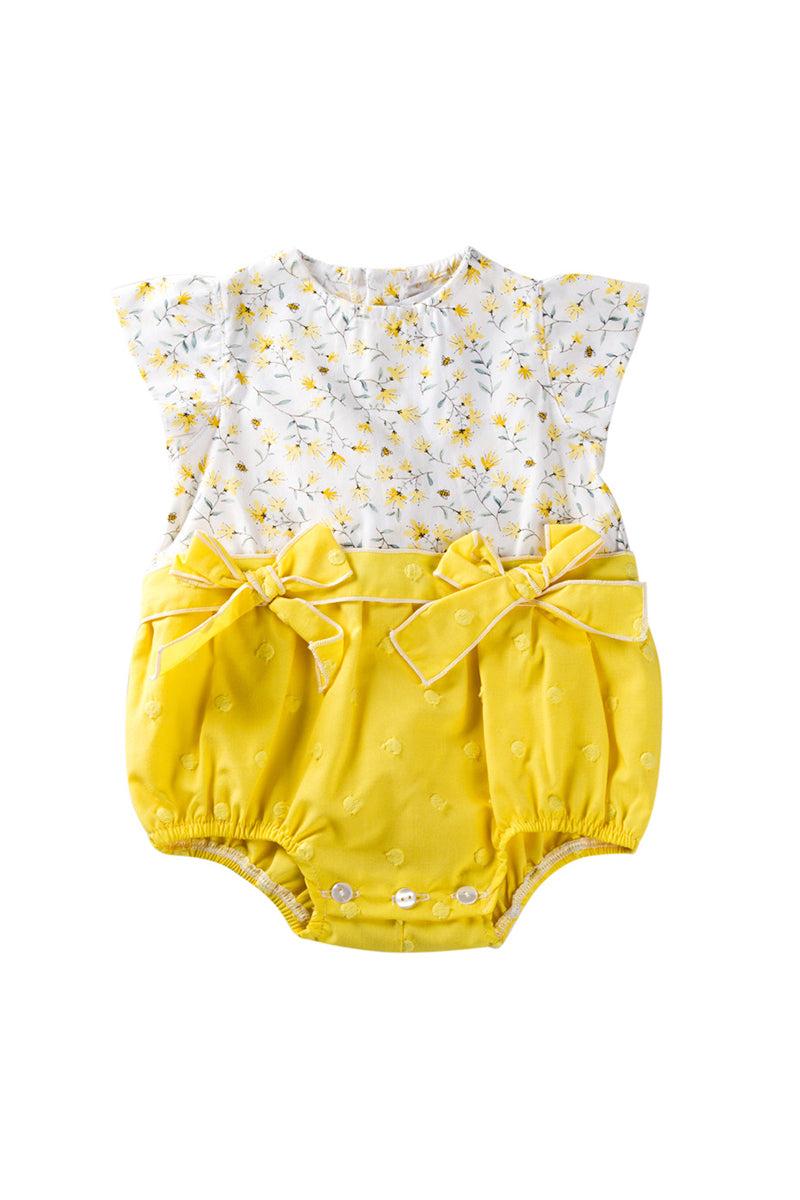 Pagliaccetto in tela fantasia floreale con fiocchi a pois