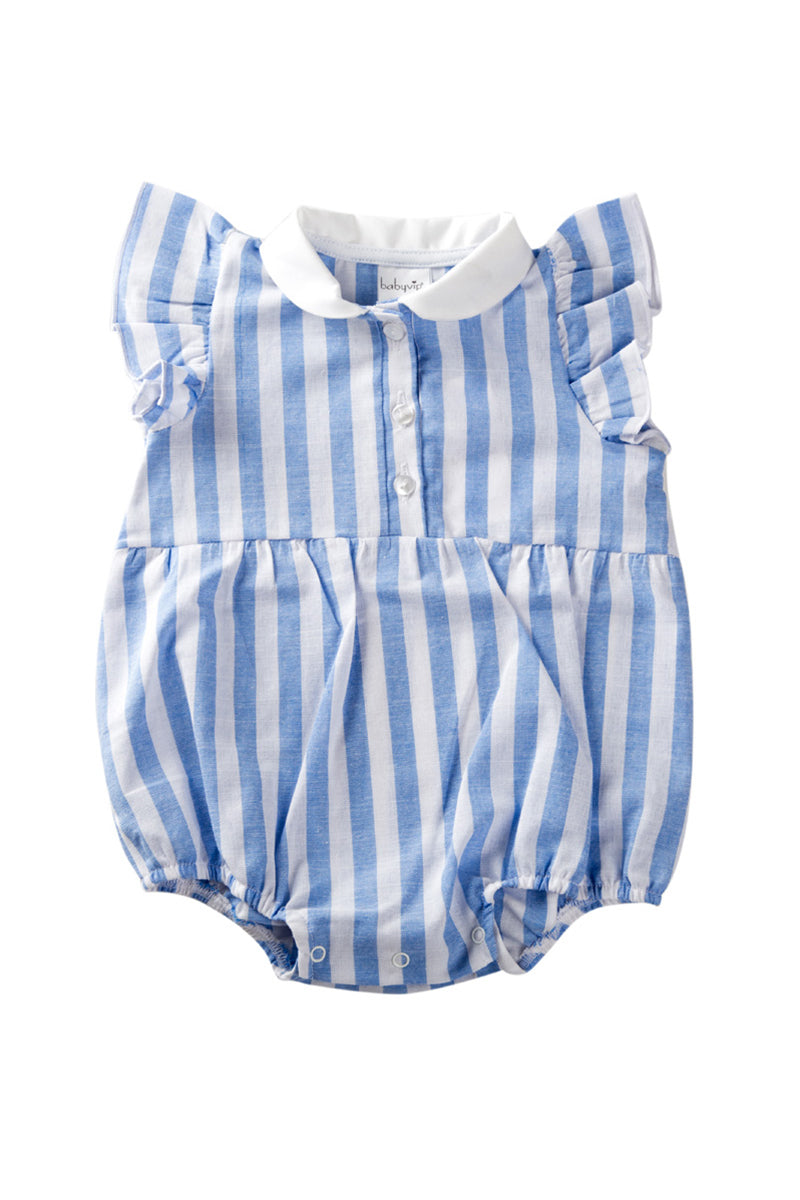 Pagliaccetto in lino rigato con balze. fenda e colletto