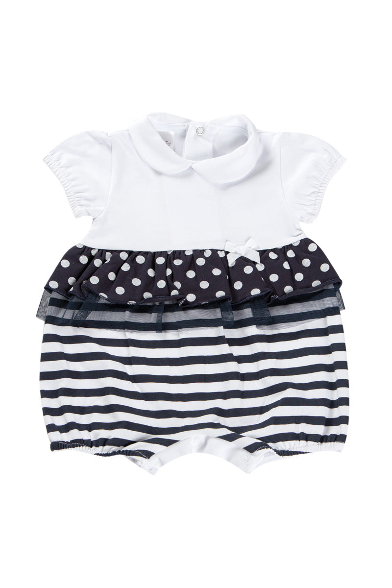 Pagliaccetto con inserti a righe e pois, balza in tulle e nodino