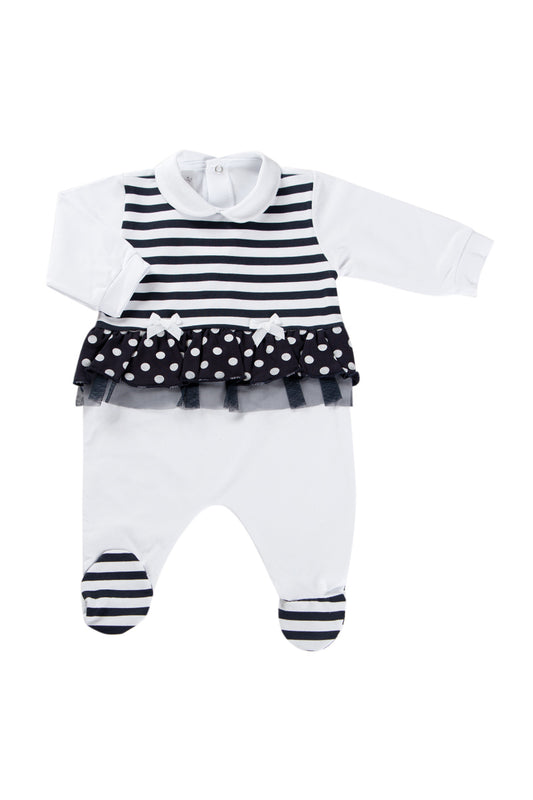 Tutina con inserti a righe e pois, balza in tulle e nodini