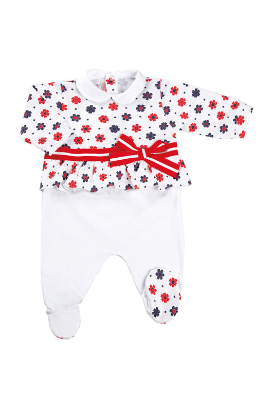 Tutina fantasia floreale con nastro, fiocco e balza arricciata.