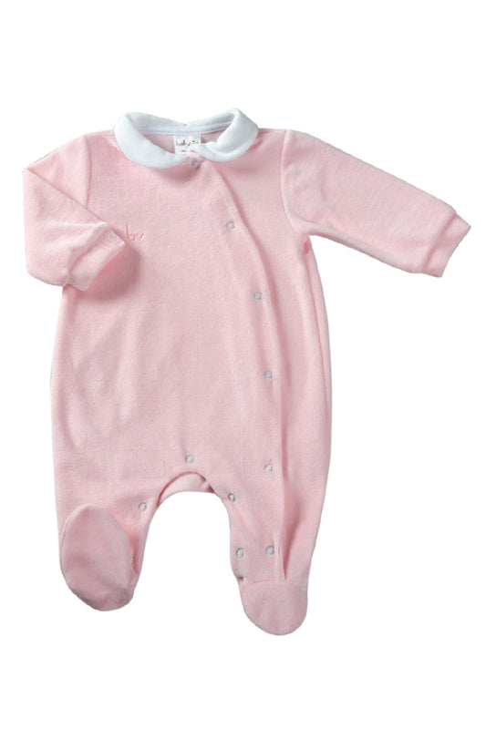 Tutina in ciniglia con apertura anteriore e ricamo lato cuore