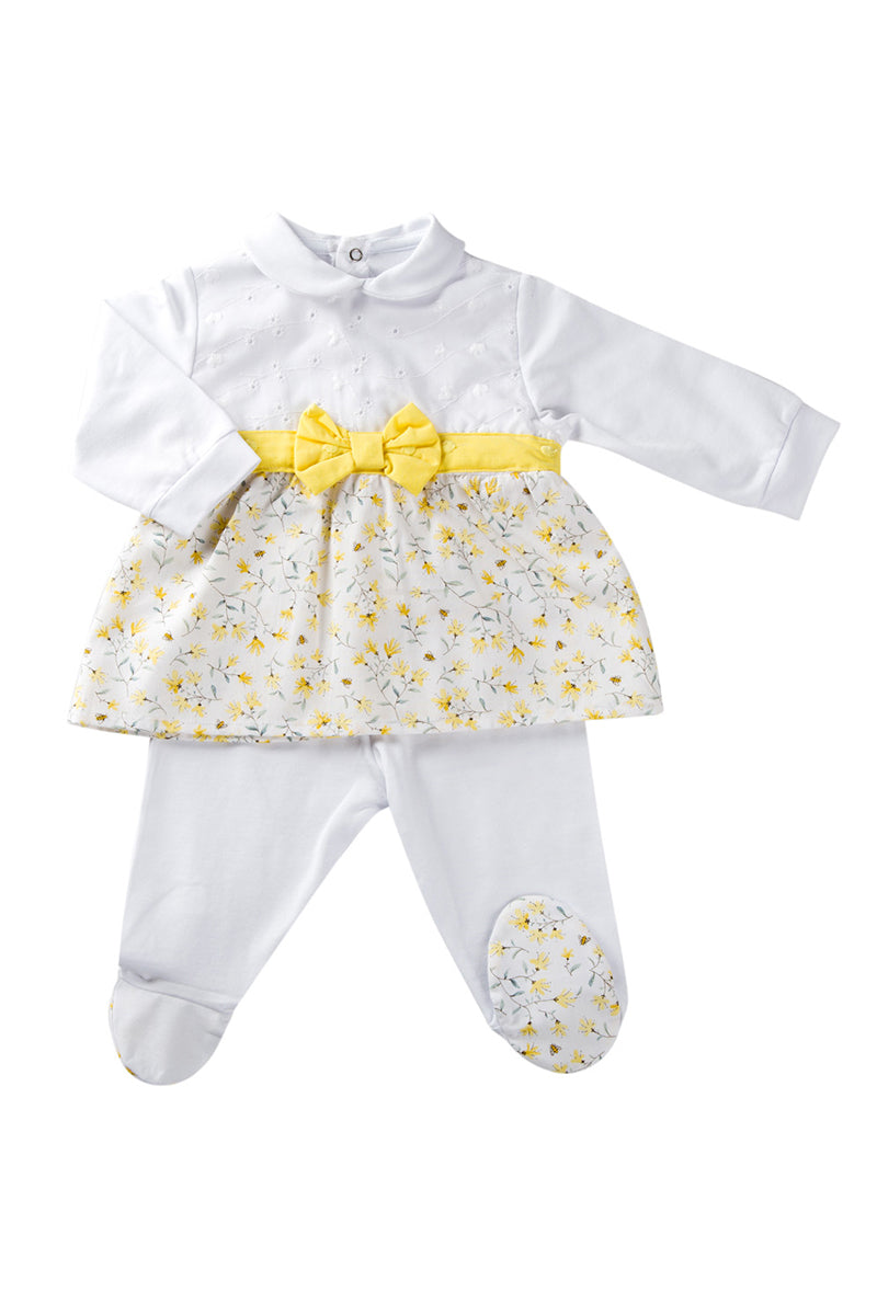 Completo 2 pezzi con inserto tela sangallo. tela fantasia floreale. fascia e fiocco a pois