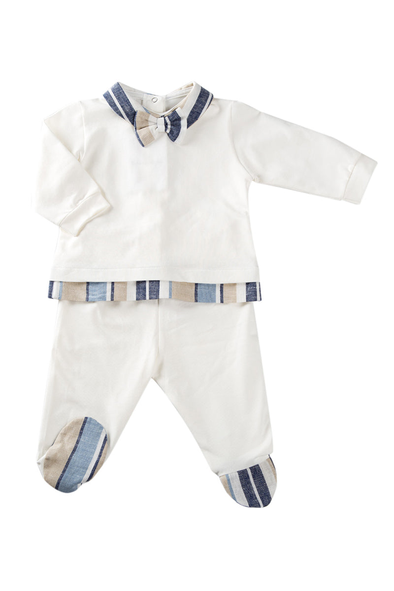 Completo 2 pezzi con inserti in lino rigato e papillon applicato