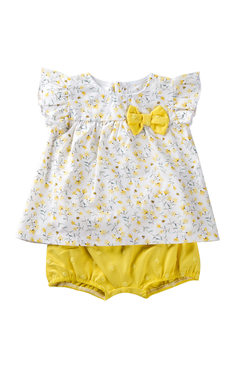Completo 2 pezzi in tela fantasia floreale. con fiocco e pantalonicino in tessuto operato a pois