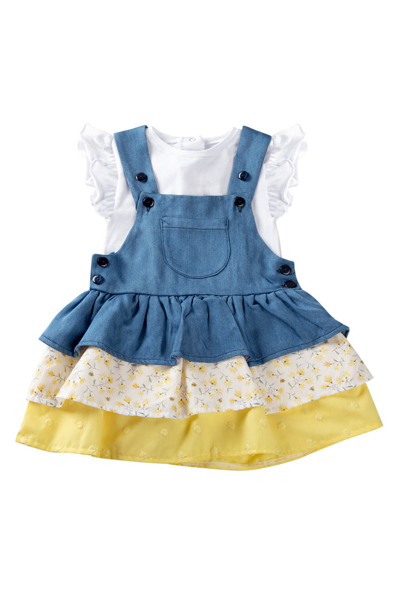 Salopette a vestitino in tela jeans con balze fantasia