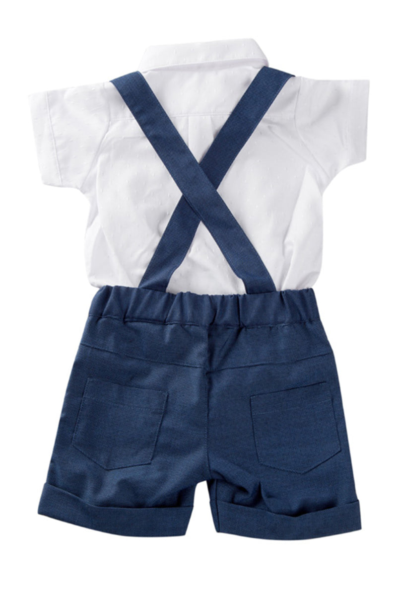 Completo 2 pezzi: body a camicia in tela operata con cravattino applicato e bermuda con bretelle in tela microfantasia