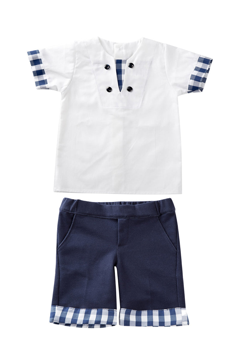 Completo 2 pezzi in tela di cotone con inserti fantasia vichy e bermuda in tessuto jeans con inserti vichy