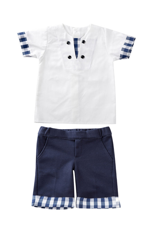 Completo 2 pezzi in tela di cotone con inserti fantasia vichy e bermuda in tessuto jeans con inserti vichy