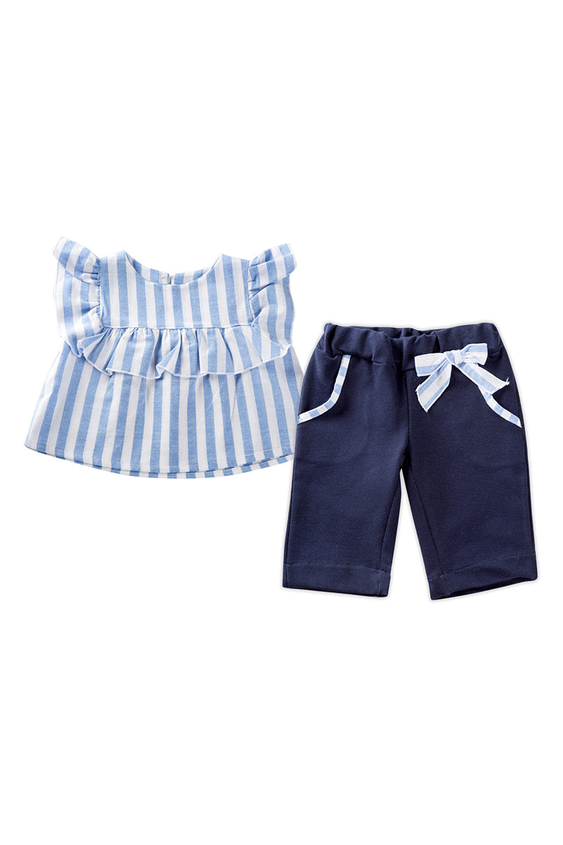 Completo 2 pezzi: blusa in lino con balza e pantalone a culotte