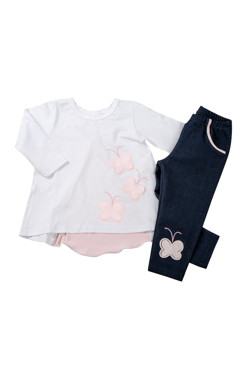 Completo 2 pezzi: maglia con ricamo farfalle e leggings tessuto jeans elasticizzato.