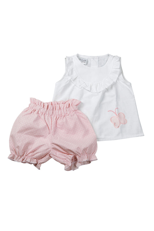 Completo 2 pezzi: maglia con taglio carre', ricamo farfalla e pantaloncino a pois.