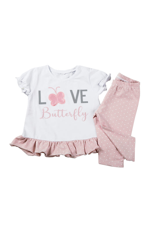 Completo 2 pezzi: maglia con stampa, ricamo farfalla e pinocchietto a pois.