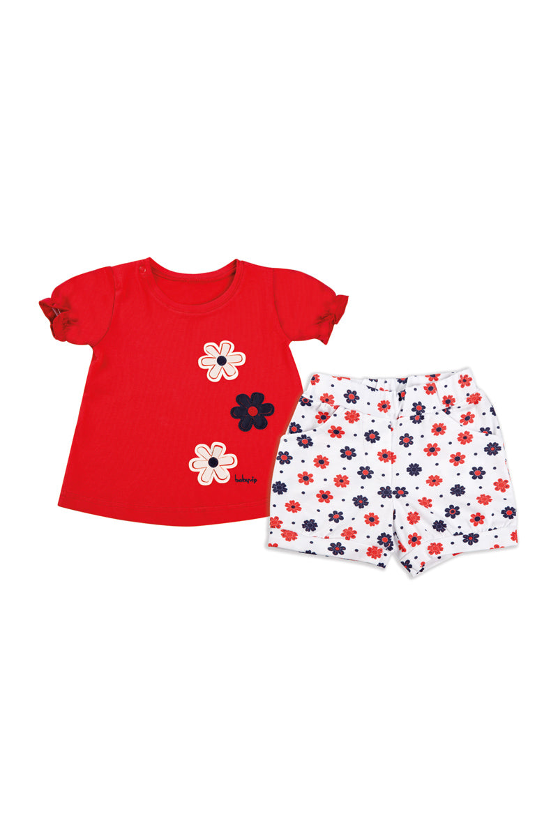 Completo 2 pezzi: t-shirt m/m con ricamo e pantaloncino elasticizzato fantasia floreale.