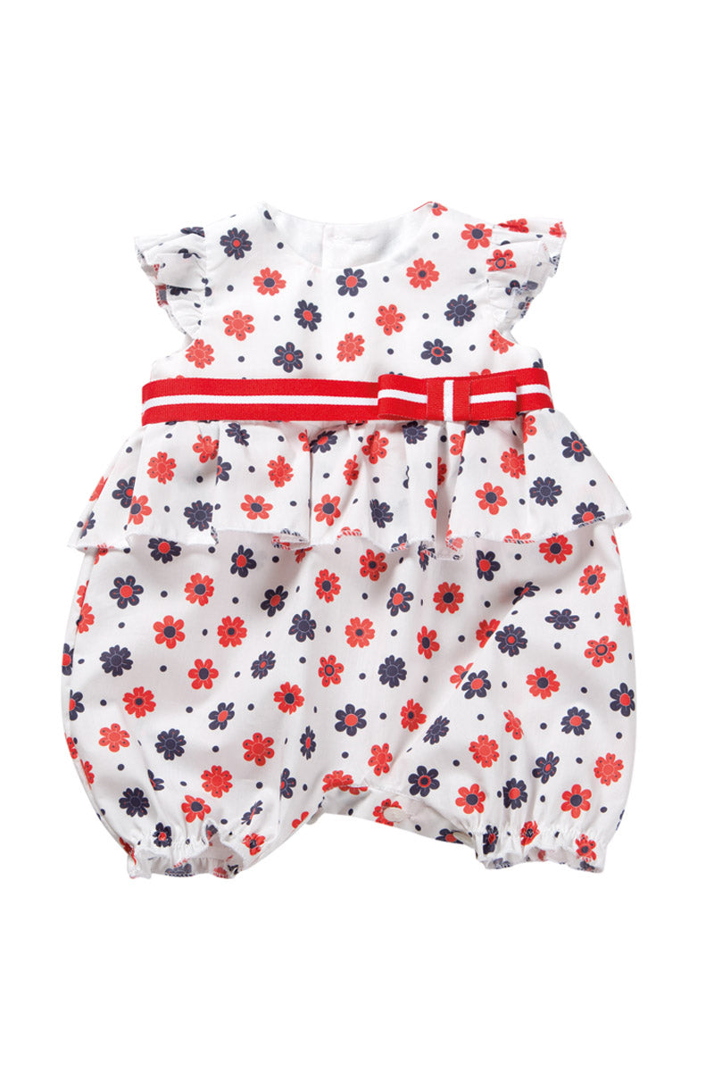 Pagliaccetto fantasia floreale con nastro, fiocco e balza arricciata.