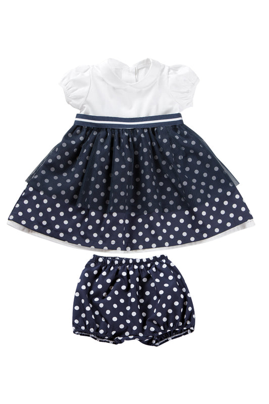 Vestitino con inserto a pois, balza in tulle, nastro rigato e mutandina a pois
