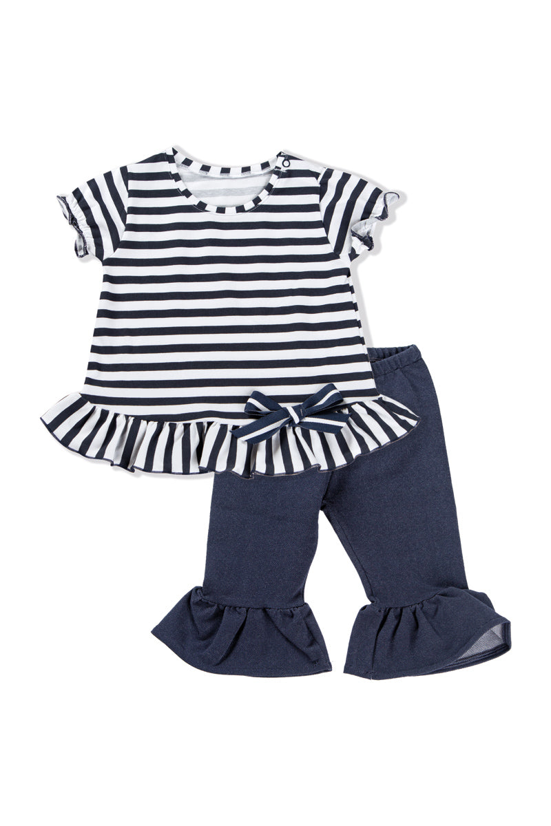 Completo 2 pezzi: maxi maglia m/m rigata con fiocco e pinocchietto in tessuto jeans elasticizzato
