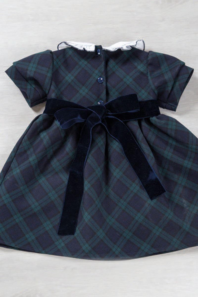 Vestitino in tessuto tartan con colletto tondo in tela di cotone con fiocco e maniche a sbuffo