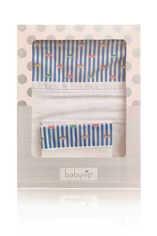 Set lenzuola 3 pezzi per carrozzina e culletta rigato con stampa all over