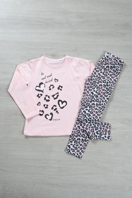 Completo in cotone elasticizzato garzato con stampa e leggings fantasia animalier