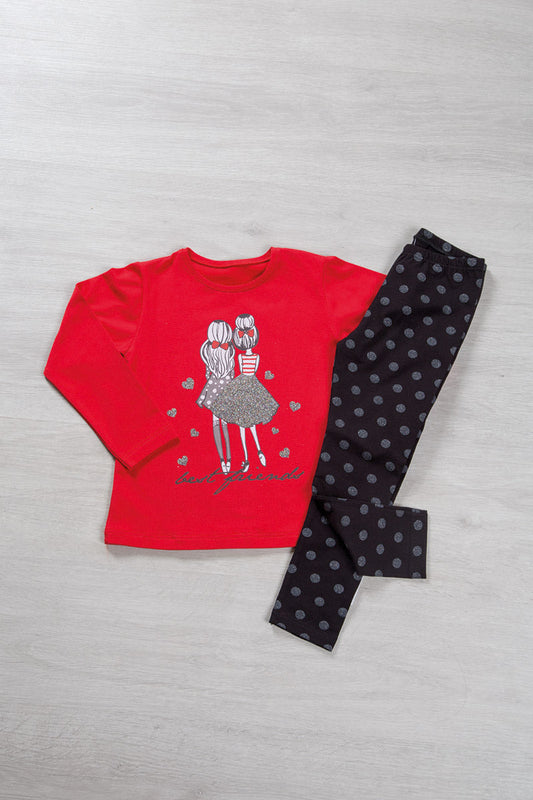 Completo: maglia in cotone elasticizzato garzato con stampa, glitter e leggings con stampa pois glitter