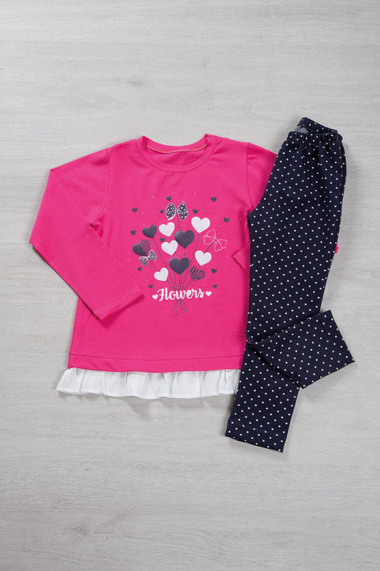 Completo: maglia in cotone elasticizzato garzato con stampa, strass e balza con leggings effetto jeans elasticizzato a pois