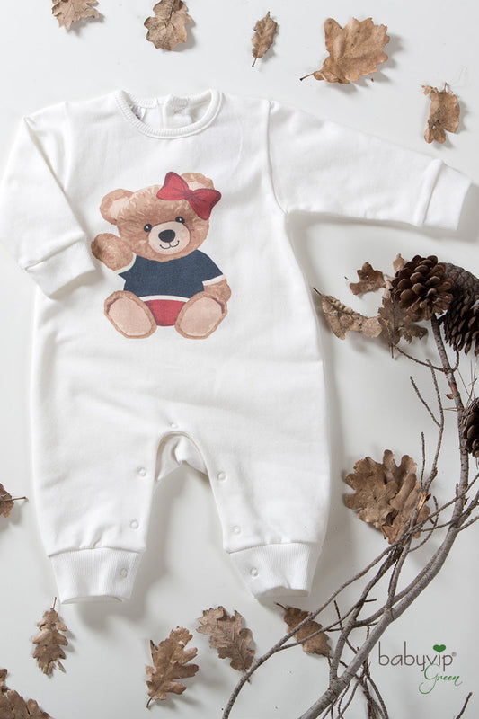 Tutone neonata in felpa organica garzata con stampa orsetta