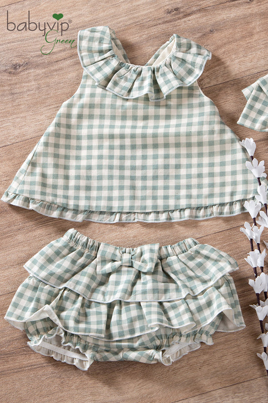 Completo 2 pezzi neonata di cotone organico fantasia vichy con short gonnellina con balza