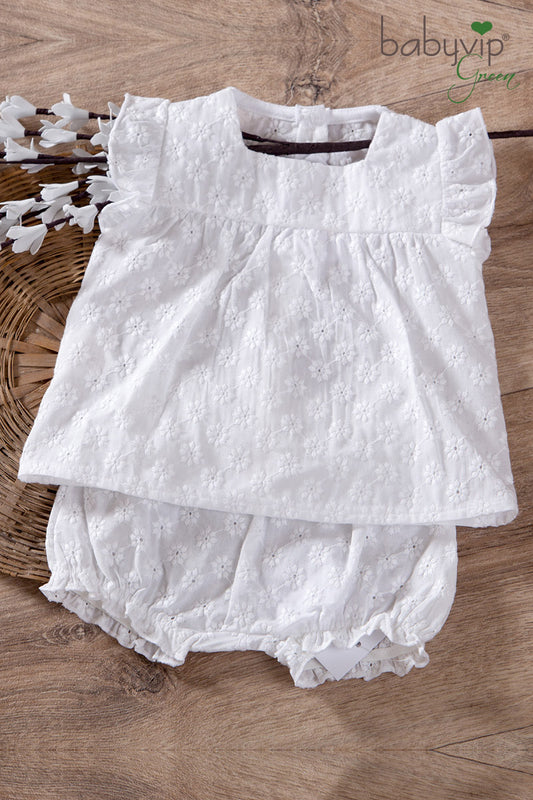 Completo 2 pezzi in pizzo sangallo di cotone con scollo quadro e pantaloncino a palloncino con rouches
