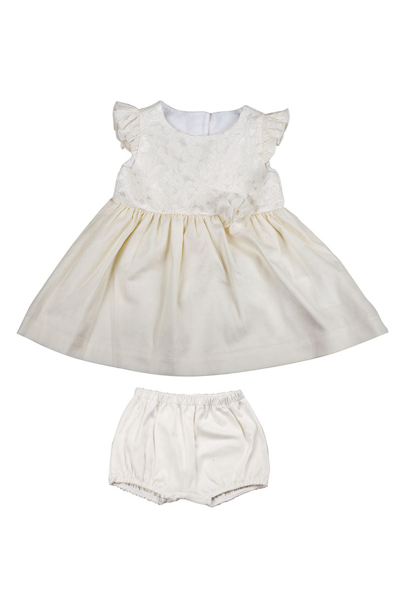 Vestitino in tela di cotone con inserti in tessuto operato e fiocco + mutandina