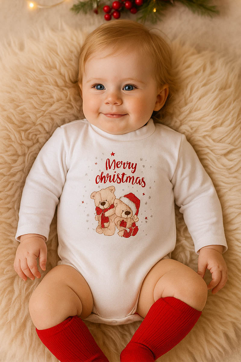Body a lupetto manica lunga in caldo cotone con stampe natalizie