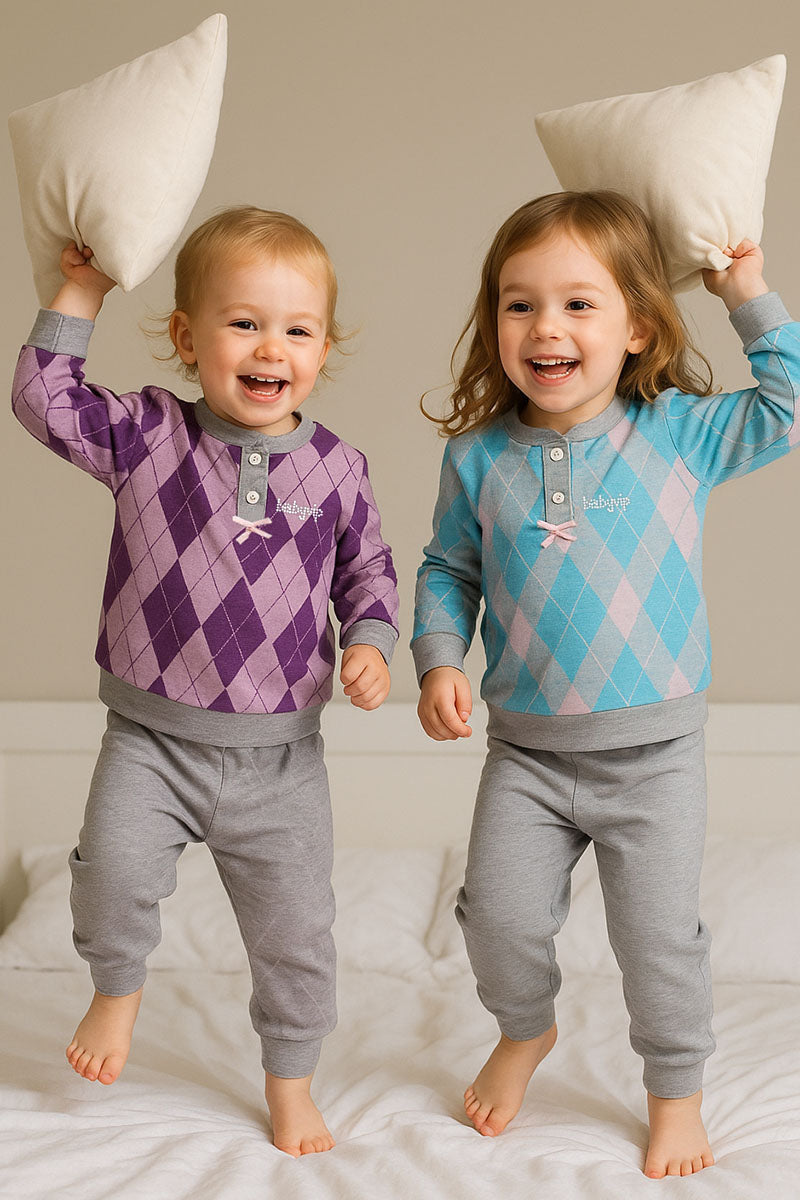 Pigiama bimba in punto milano a fantasia rombi con strass