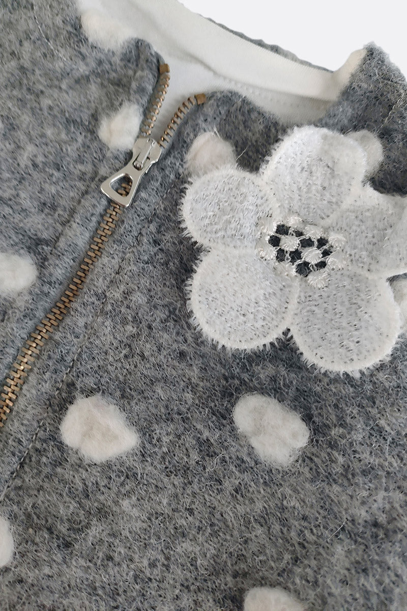 Giacchino in lana e felpa garzata con applicazione fiore e chiusura zip