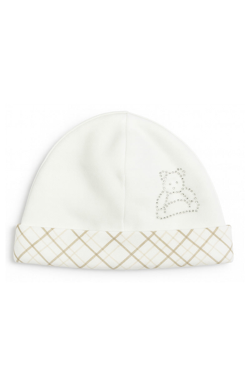 Cappellino in cotone caldo con  risvolto e strass orsacchiotto