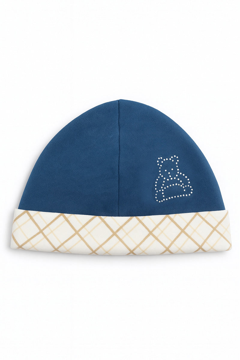 Cappellino in cotone caldo con  risvolto e strass orsacchiotto