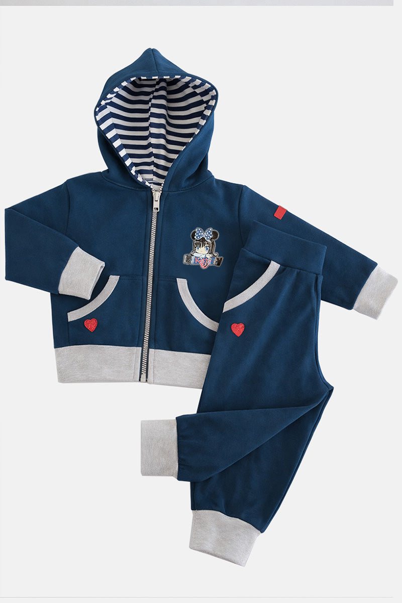 Tuta con cappuccio neonata/bimba in cotone elasticizzato con applicazioni e stampa