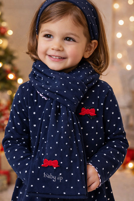 Sciarpa in cotone fantasia a pois cuori con strass e Fiocchettino