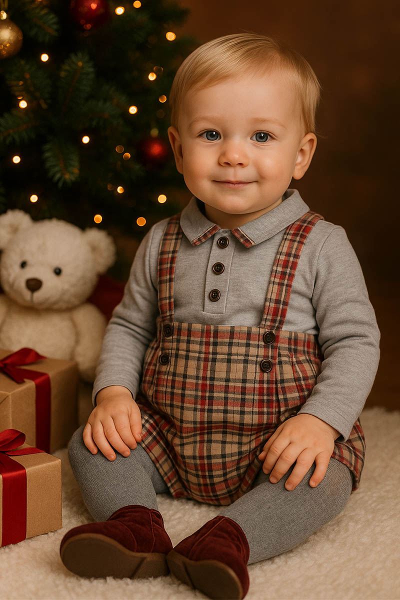 Salopette a pantaloncino in flanella scozzese con bottoni applicati