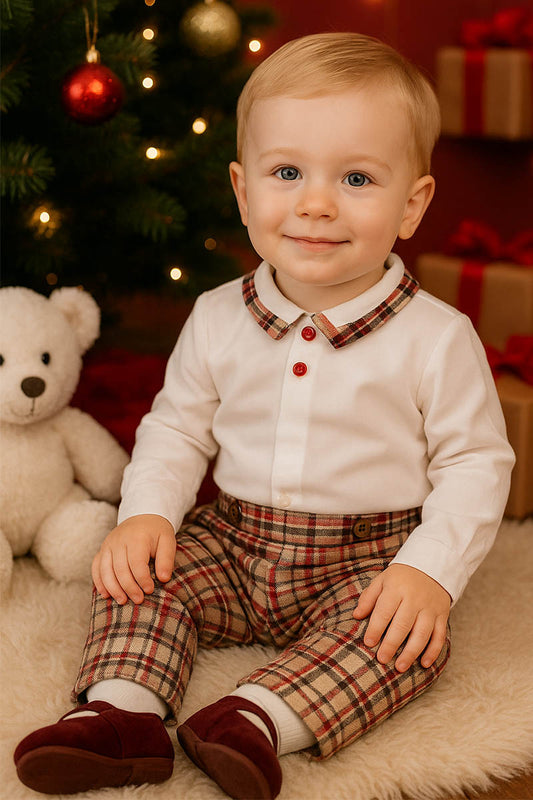 Body a camicia in cotone con colletto, profilo in tessuto scozzese e bottoncini
