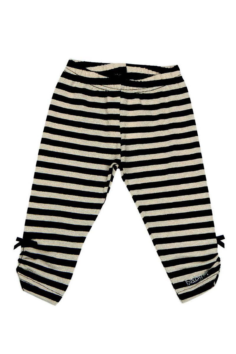 Leggings in cotone elasticizzato rigato con strass fiocchetto e inserti in lurex