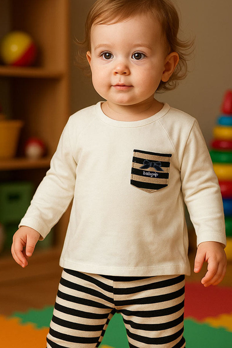 Maximaglia a manica lunga in cotone con strass fiocchetto e inserti in lurex rigato