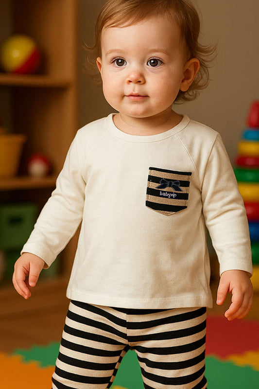 Maximaglia a manica lunga in cotone con strass fiocchetto e inserti in lurex rigato