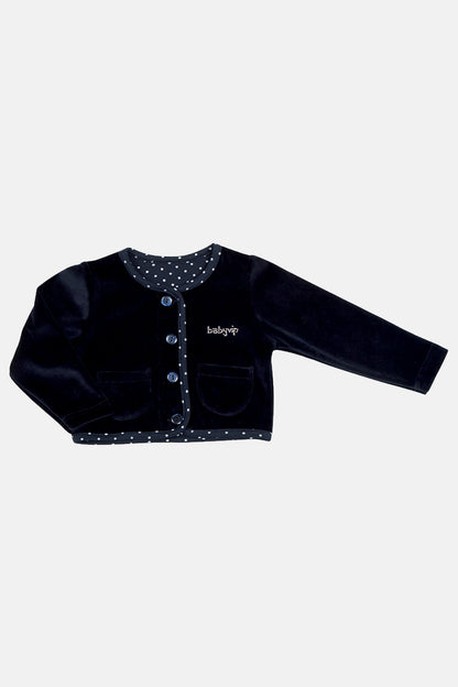 Giacchino in ciniglia con strass e profili a pois