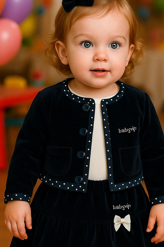 Giacchino in ciniglia con strass e profili a pois