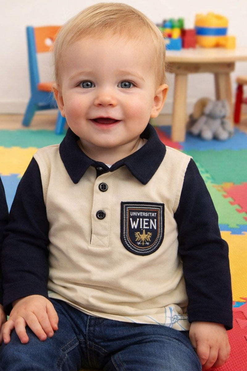 Polo manica lunga in cotone elasticizzato garzato con scudetto