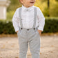 Completo: camicia a body con papillon + pantalone con bretelle in felpa garzata