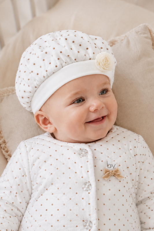 Cappellino in ciniglia a pois con applicazione